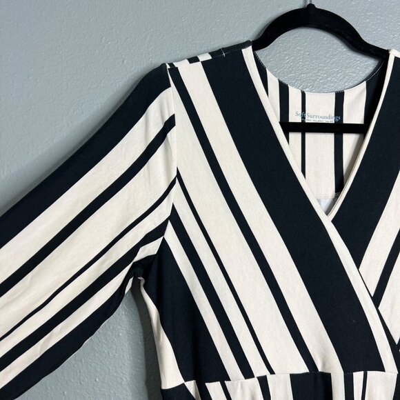 NWOT Soft Surroundings V-Neck Stripe Midi Dress Asymmetrical Hem Puff Sleeve PM - Picture 7 of 10